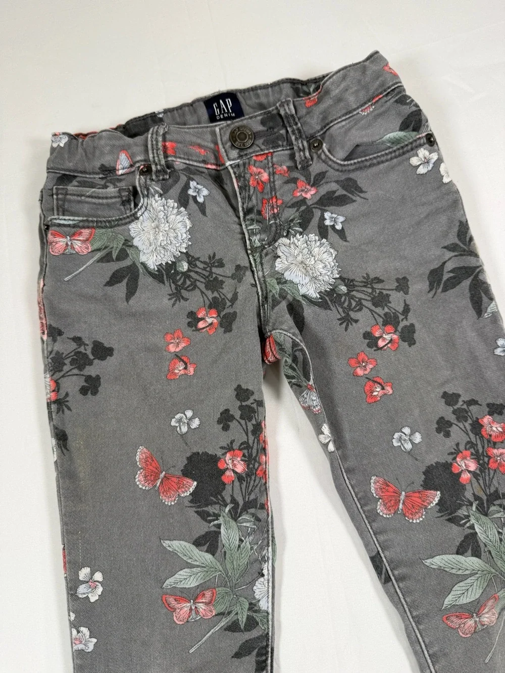 GAP Denim Girls Floral Butterfly Super Skinny Stretch Jeans Print Size 6 Regular